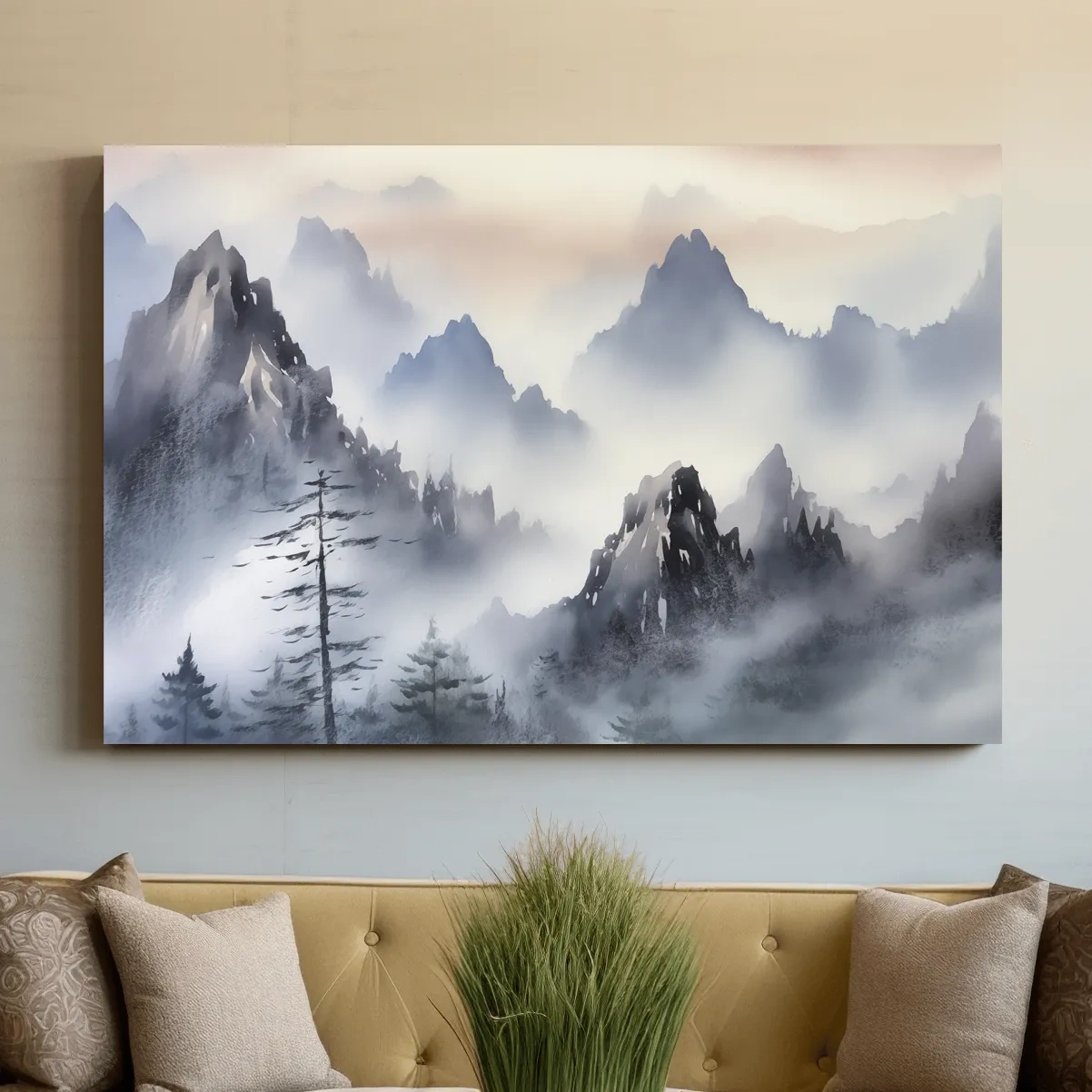 Chinese traditional ink wash style watercolour painting of foggy mountains
