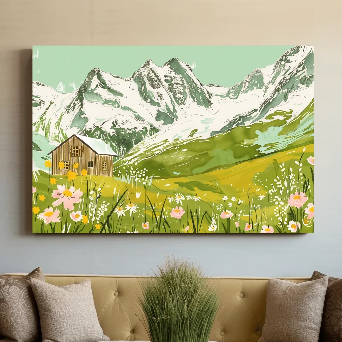 Alpine cabin artwork, flowers and glacier, stylized sketch painting style