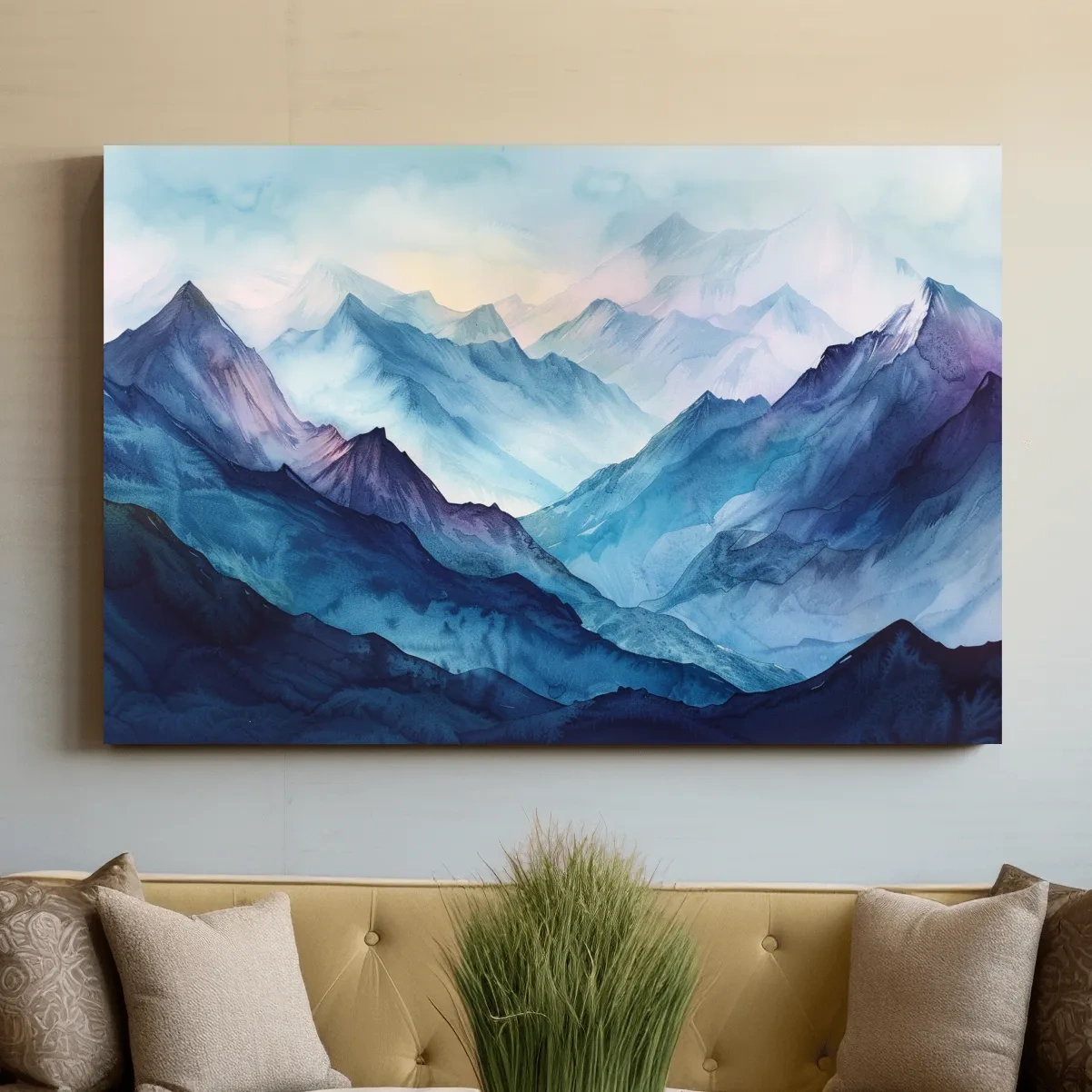 Misty Blue Watercolor Mountain Range Artwork - Serene Colourful Landscape Wall Art