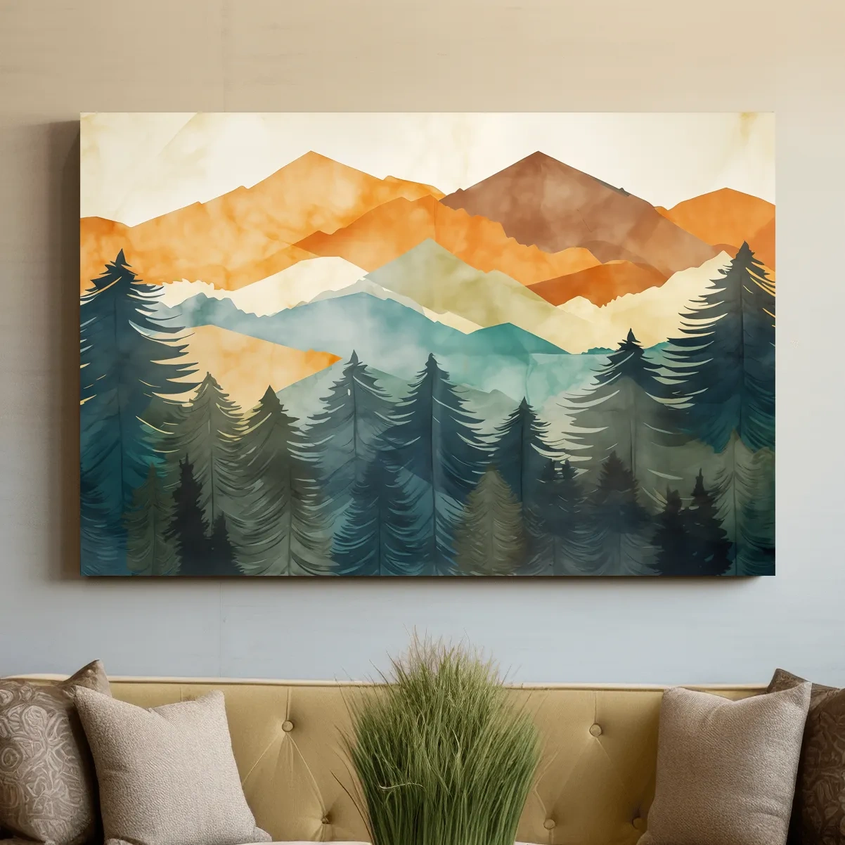 Abstract watercolor painting, mountains and forest