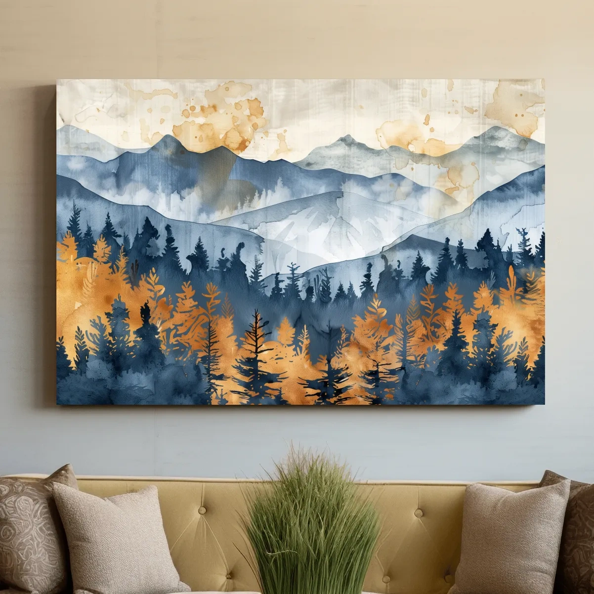 Abstract textured mountain and forest watercolour painting artwork, large format