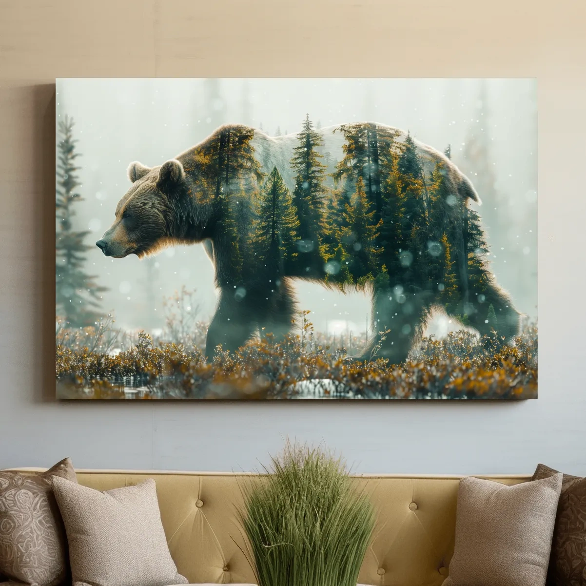Double exposure photography, grizzly bear in the forest