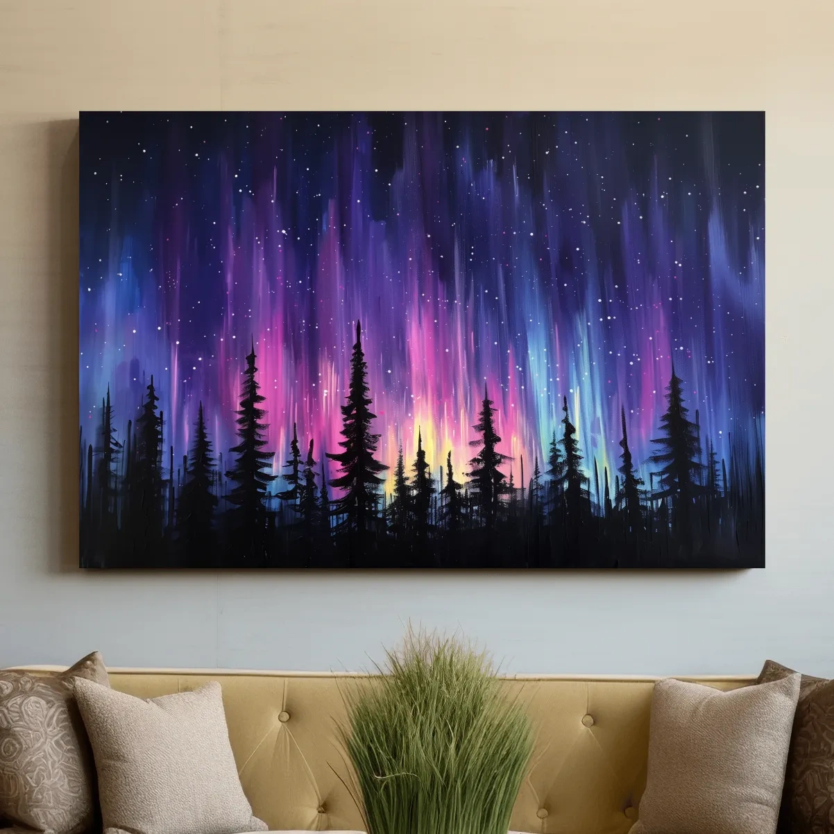 Painting of silhouetted trees against purple and pink northern lights sky