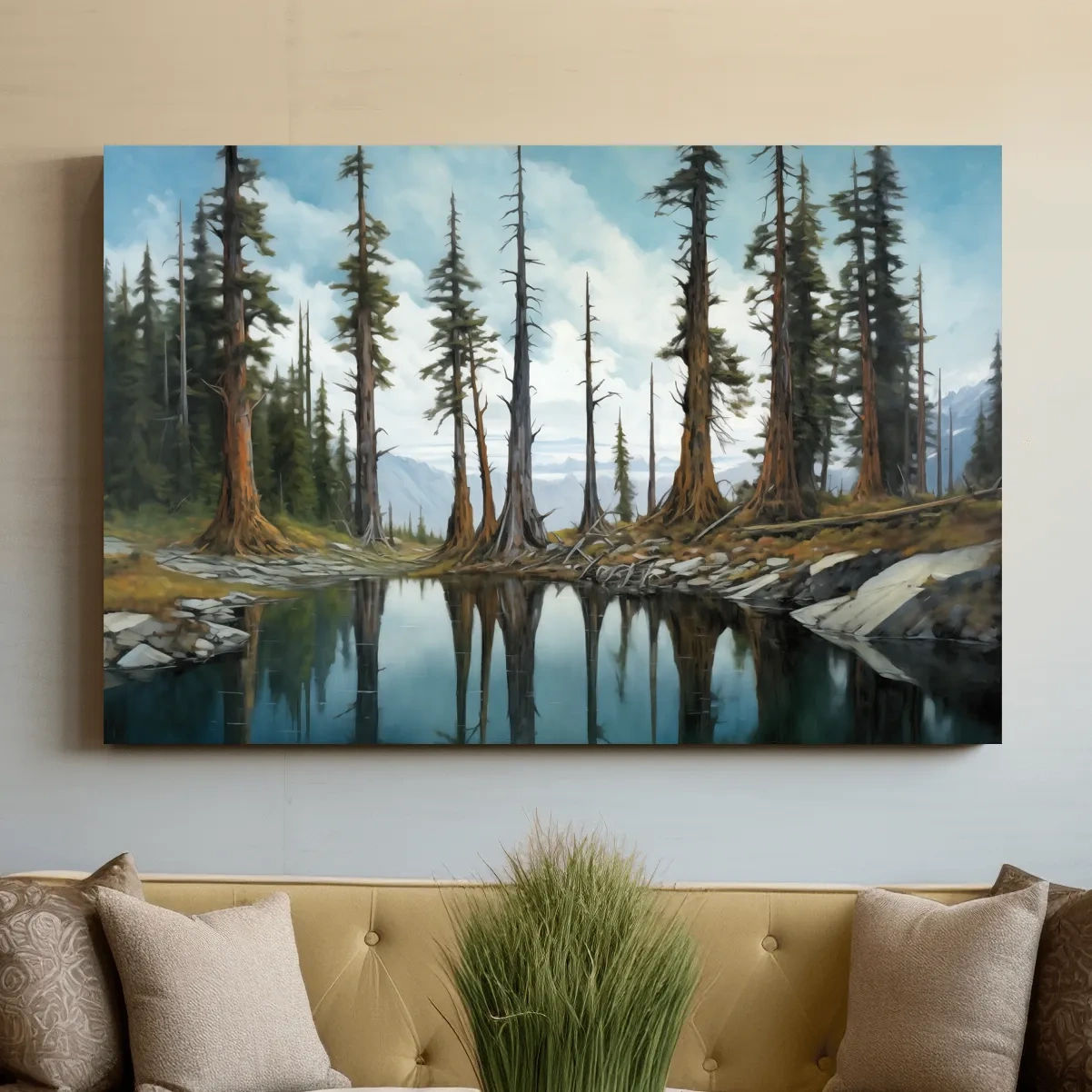 Painting of a line of trees beside a lake and mountains, forest artwork