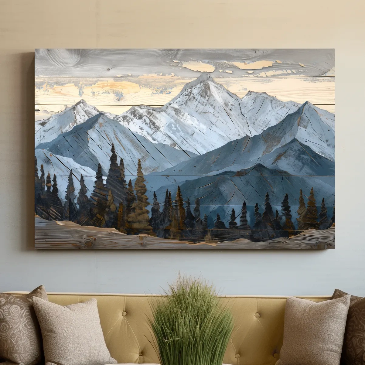 Alpine Forest Mountain Range Artwork - Rustic Woodgrain Landscape Wall Art