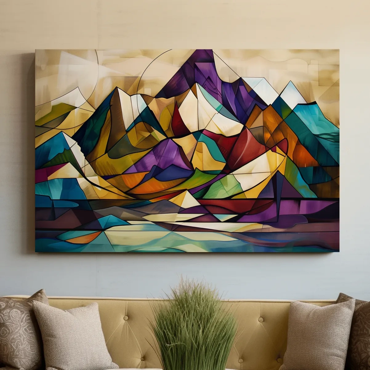 Abstract colorful mountain art, mixed media leadlight style painting