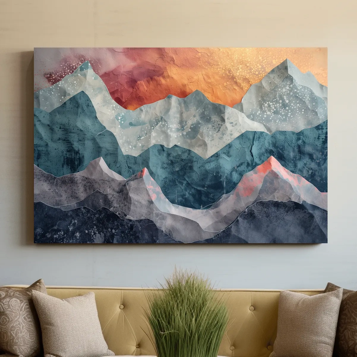 Abstract sunset mountain artwork, 3d textured paper effect