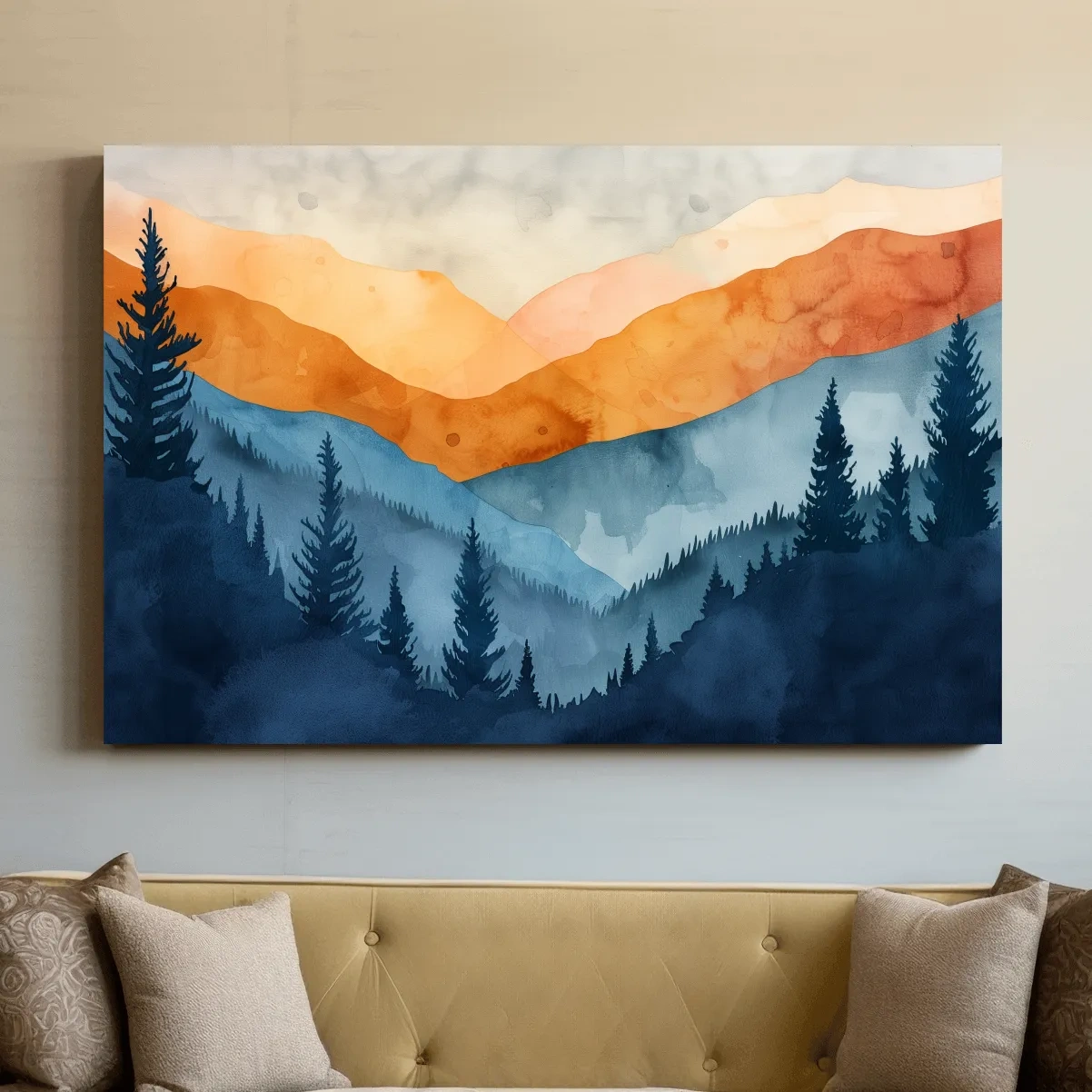 Moody Watercolor Mountain Range Silhouette - Pine Forest Painting Wall Art