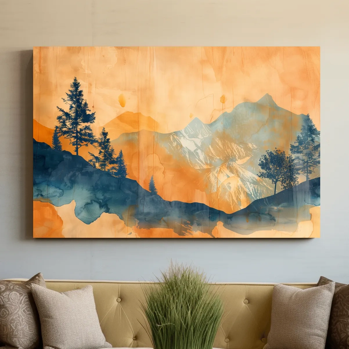 Abstract watercolor painting wall art, trees, mountains and glacier