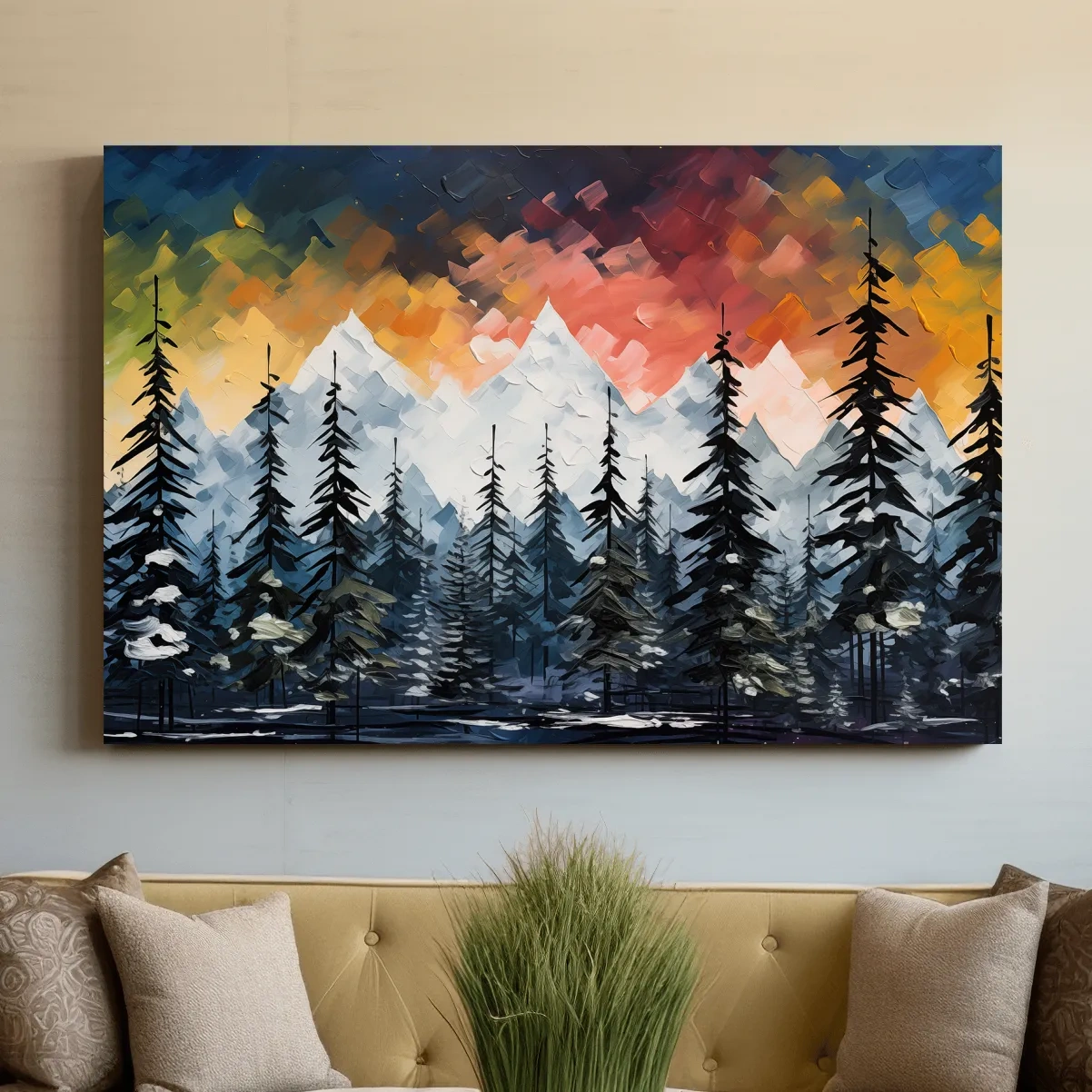 Bold textured palette knife effect impasto sunset mountain painting, treeline in the alpine