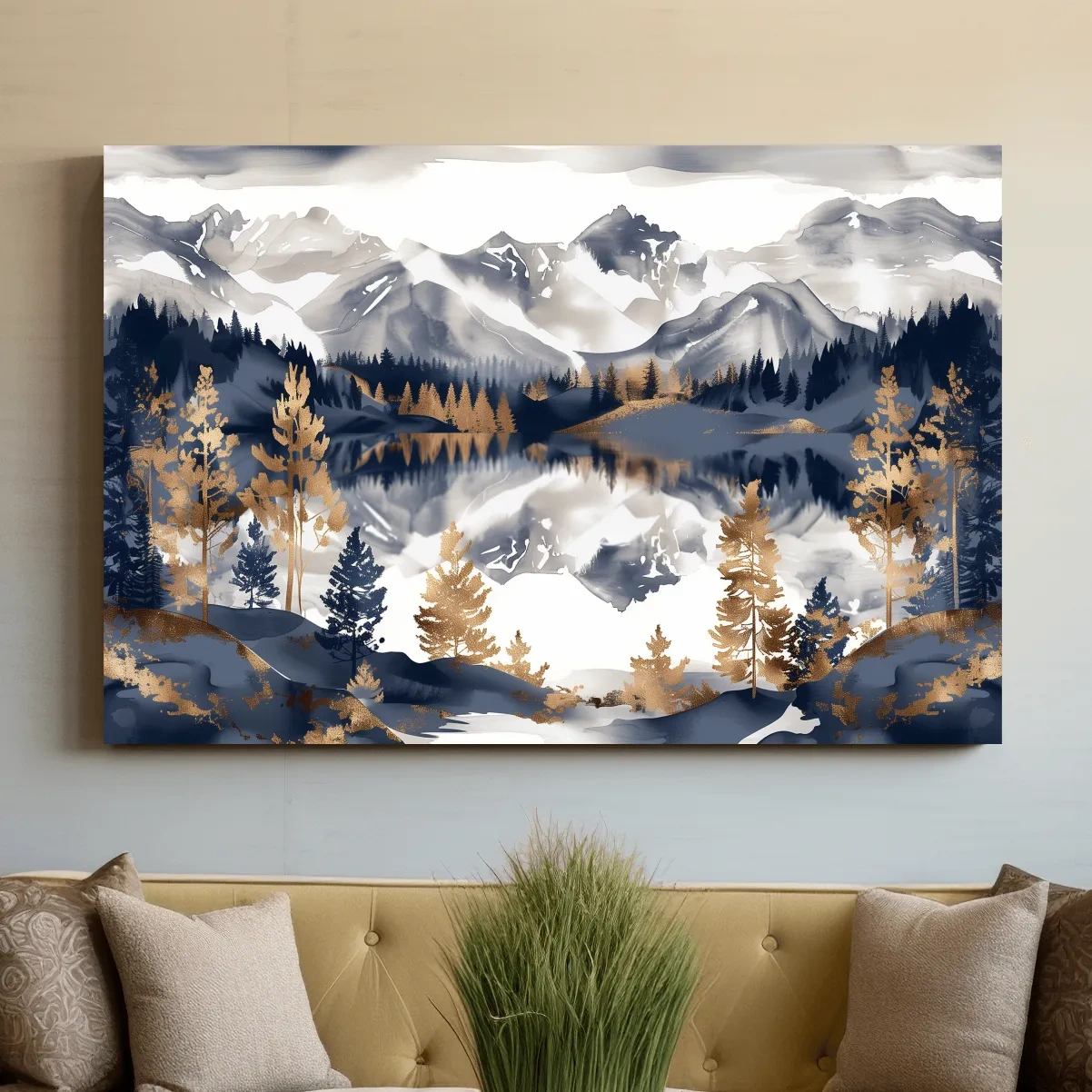 Gold Leaf Style Watercolor Alpine Lake Reflection - Mountain Landscape Artwork
