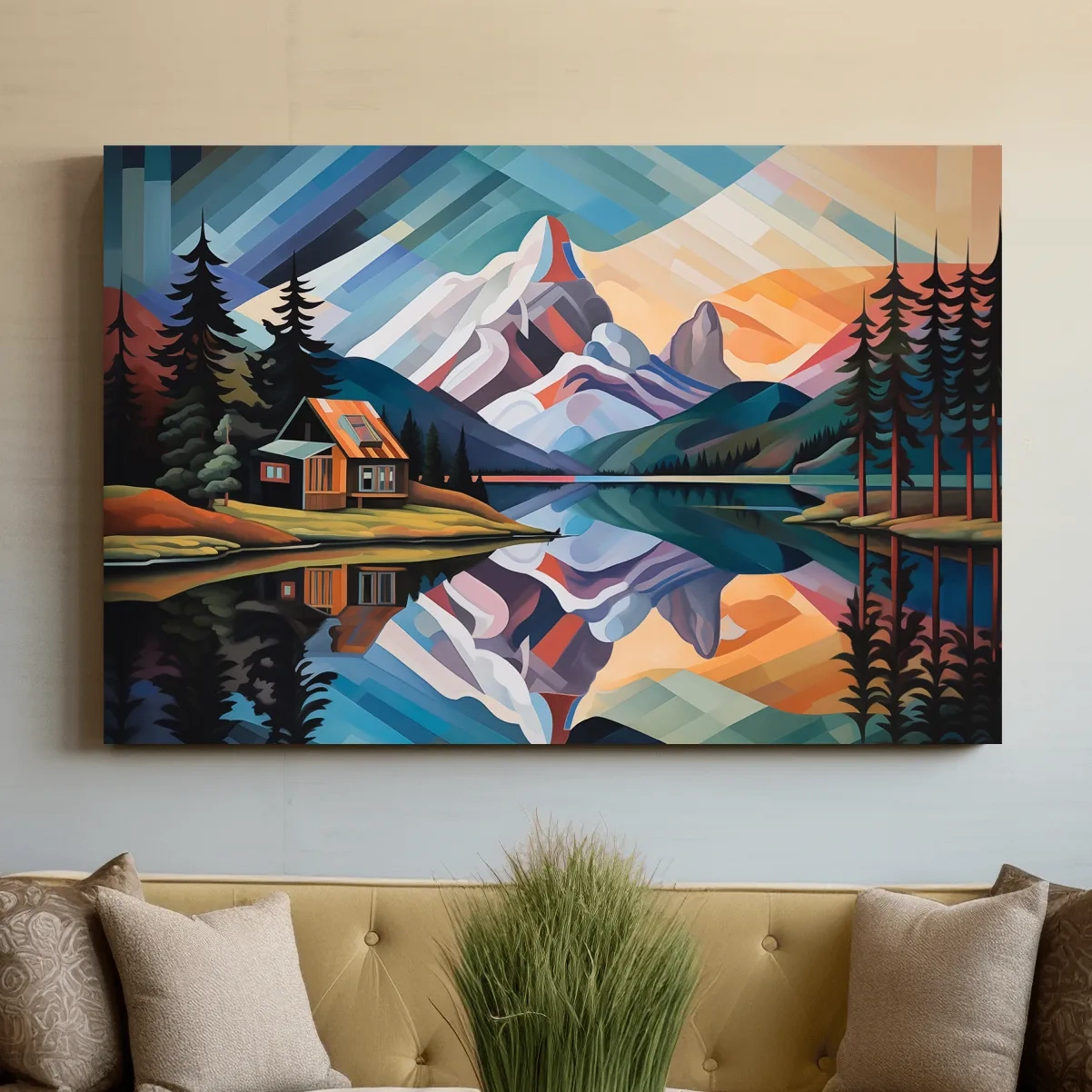 Abstract oil painting of a cabin by a lake at sunset
