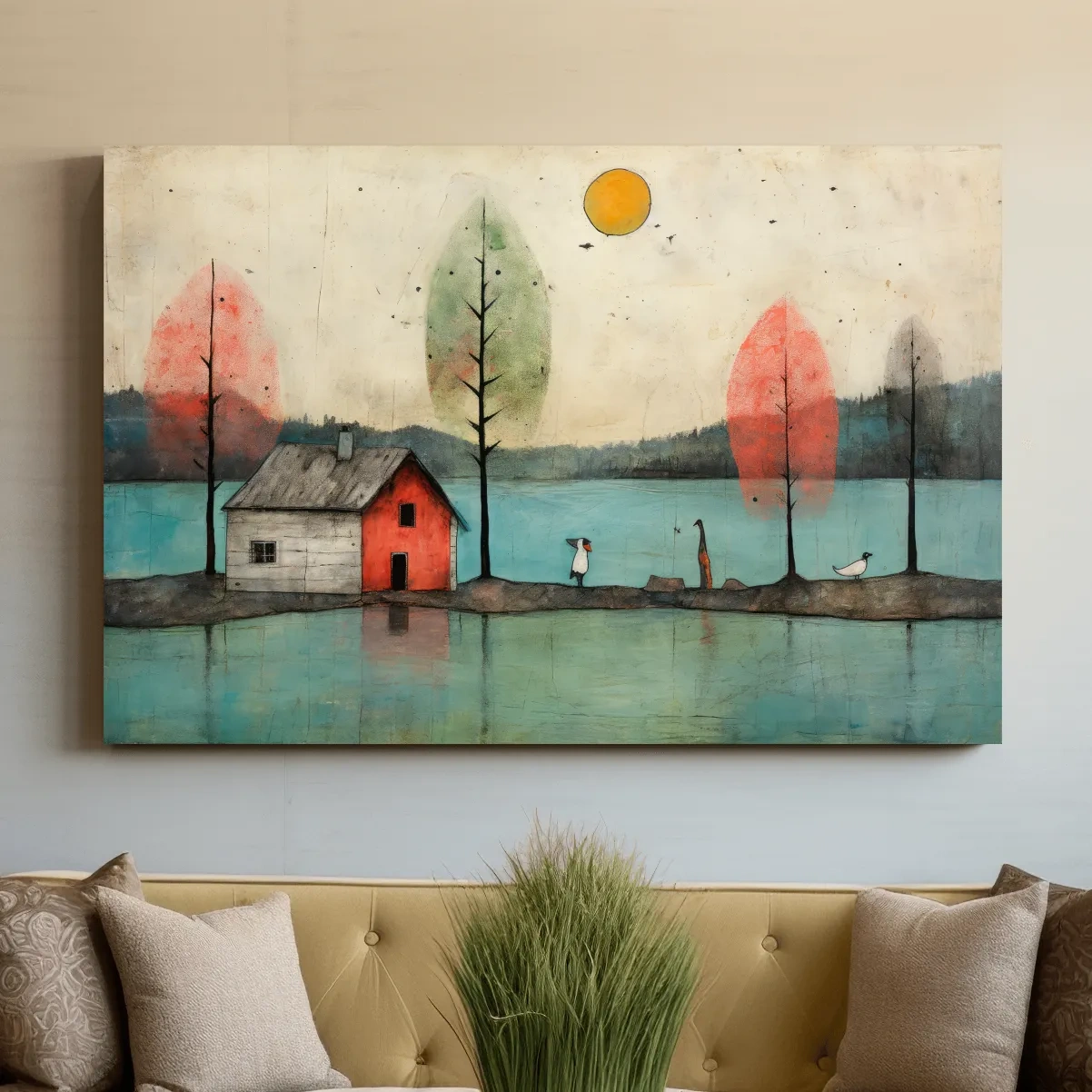 Painting of a quirky cabin on the lake, textured effect