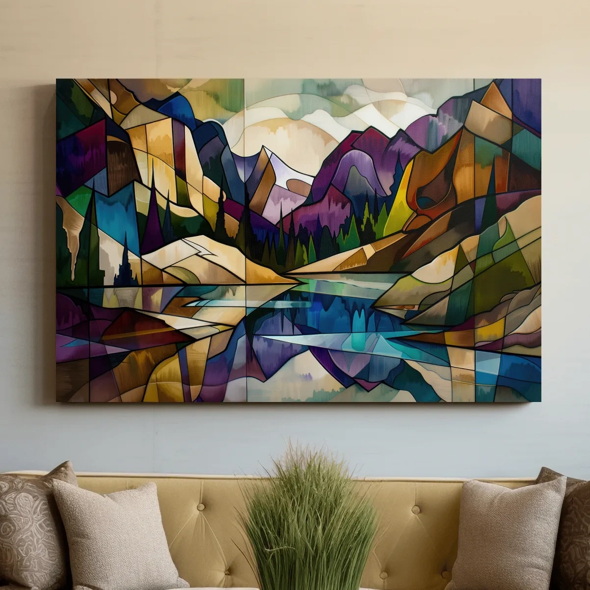 Alpine lake mountain art, colorful abstract leadlight style painting