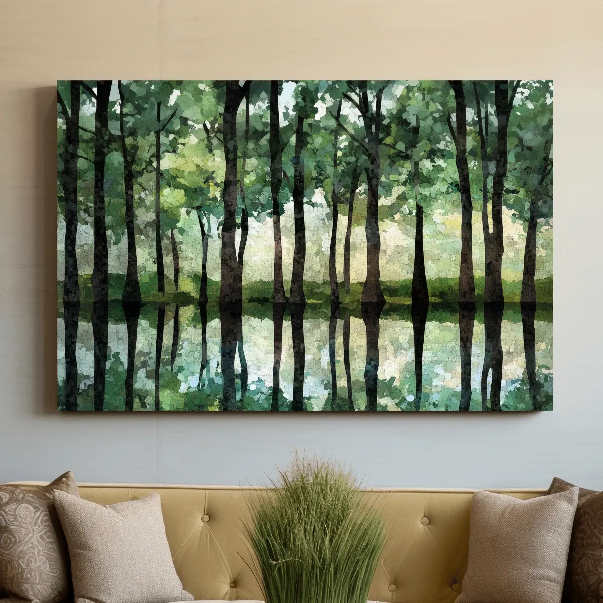 Mosaic Watercolor Forest Lake Reflection - Serene Nature Landscape Wall Art