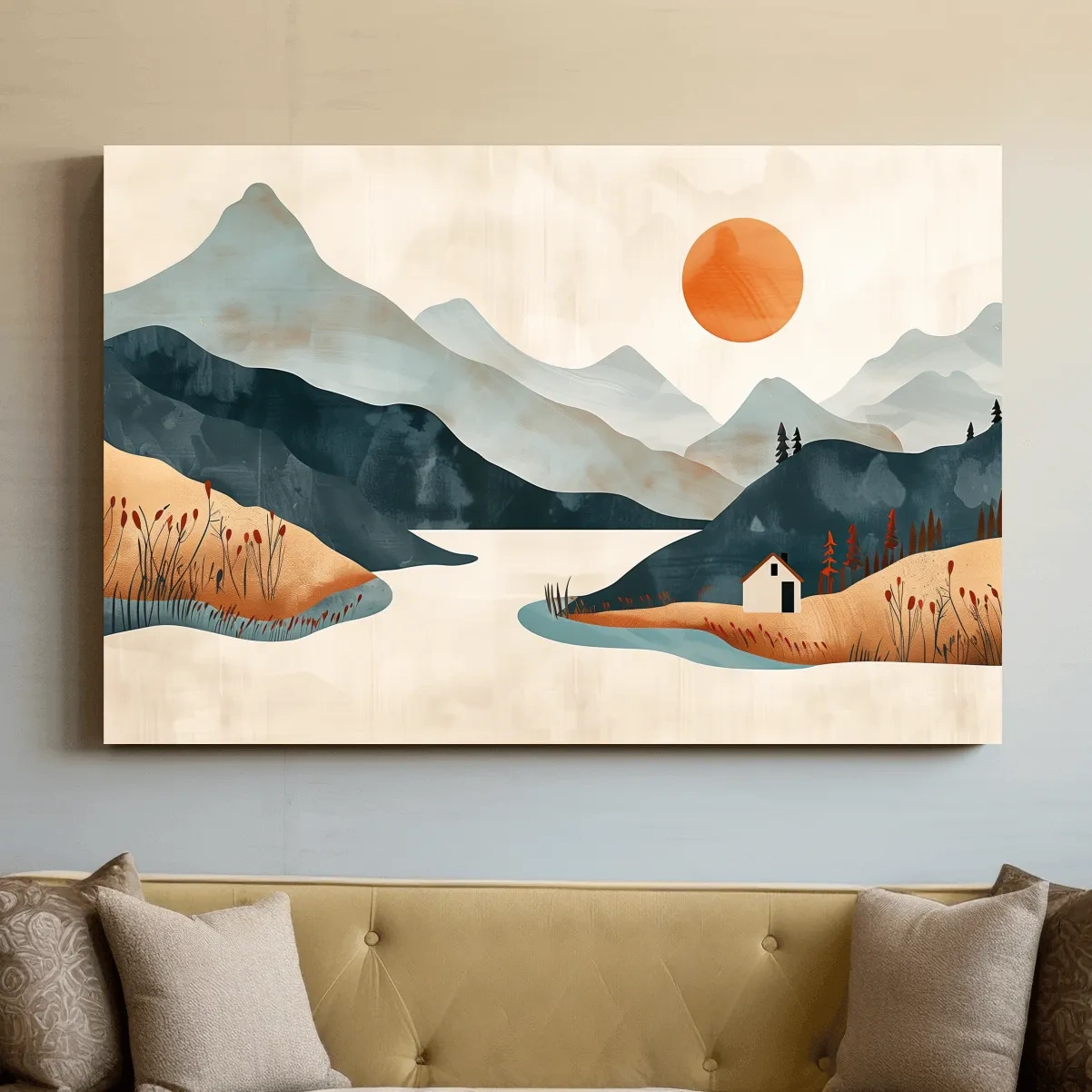 Minimalist Mountain Sunset Lake Cabin Illustration - Modern Scandinavian Wall Art