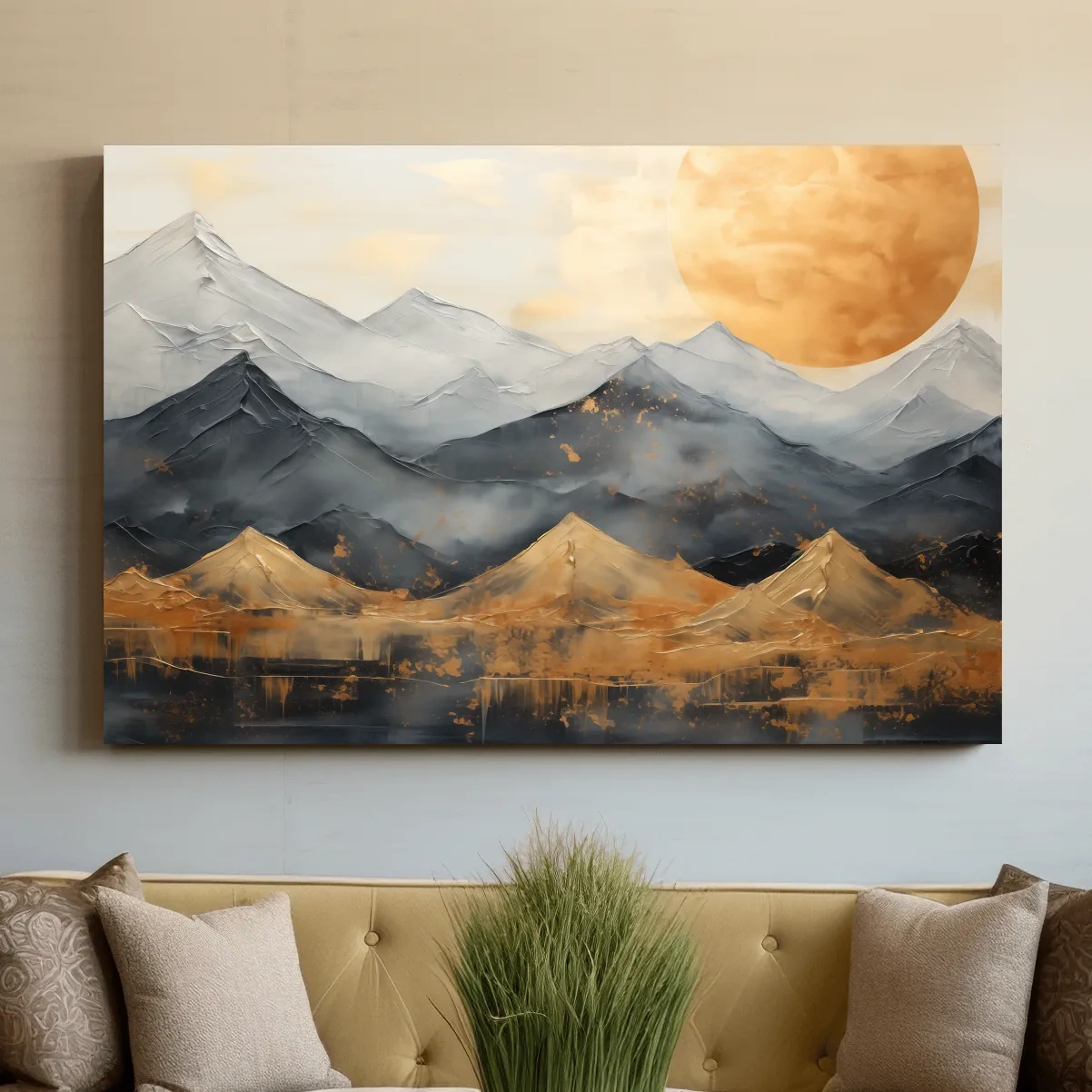Elegant gold leaf style painting of mountain scenery