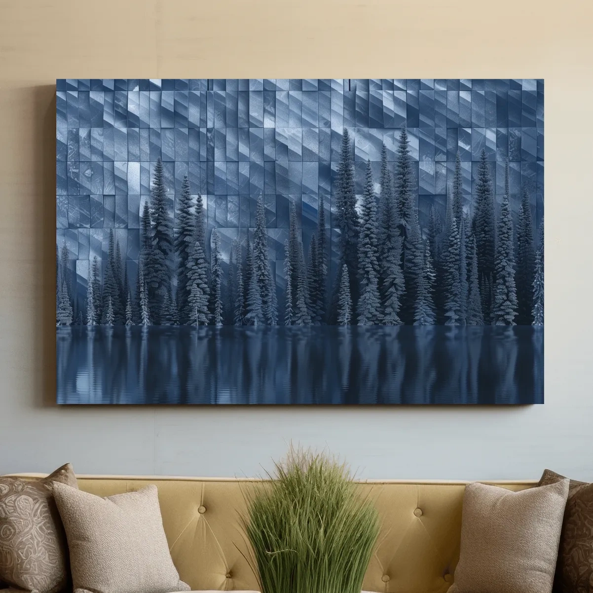 Digital forest artwork, trees reflecting on the lake, tessellated mosaic effect