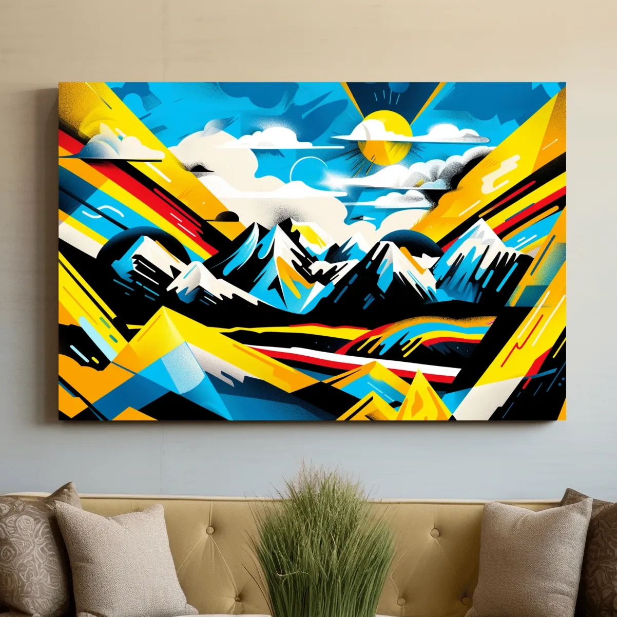 Vibrant Colorful Mountain Sunrise Illustration - Graffiti Style Landscape Wall Art