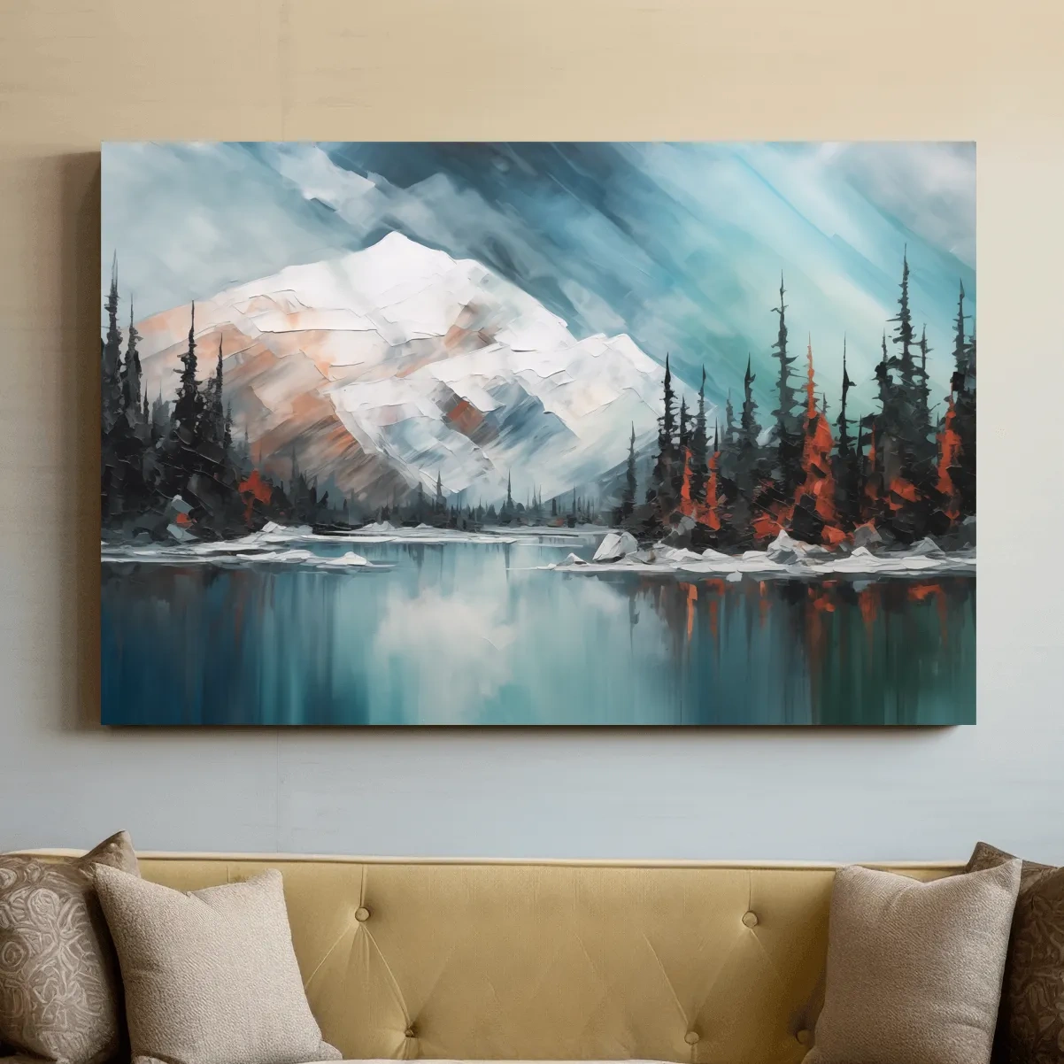 Alpine Glacier Lake Impasto Style Painting - Textured Forest Wall Art