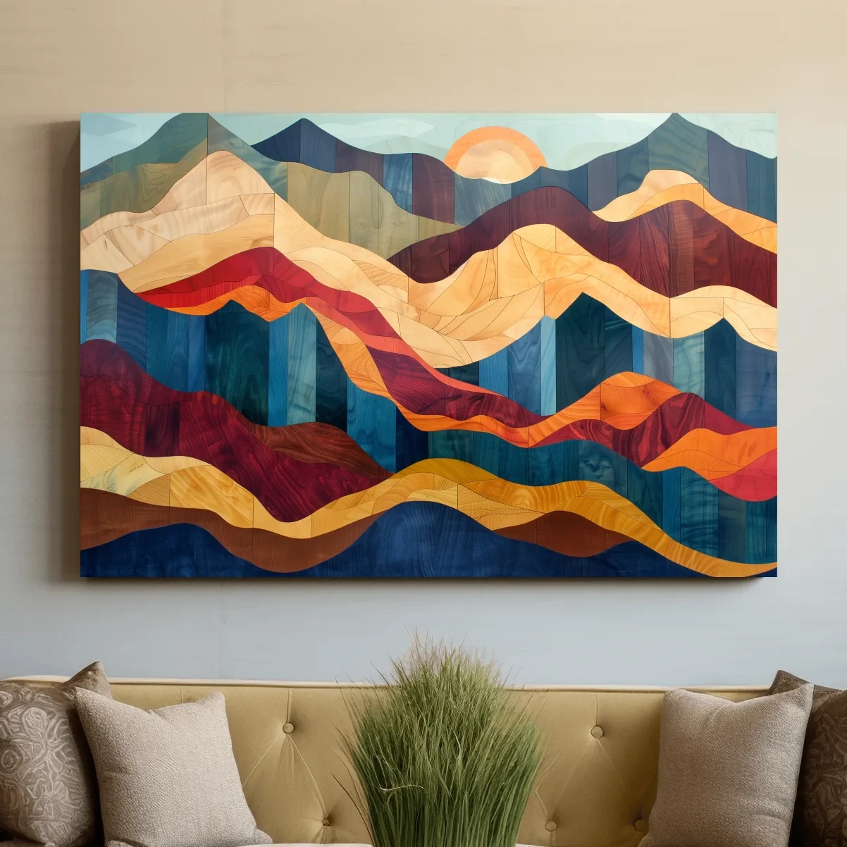 Layered Abstract Mountain Sunset Woodgrain - Mid Century Modern Wall Art