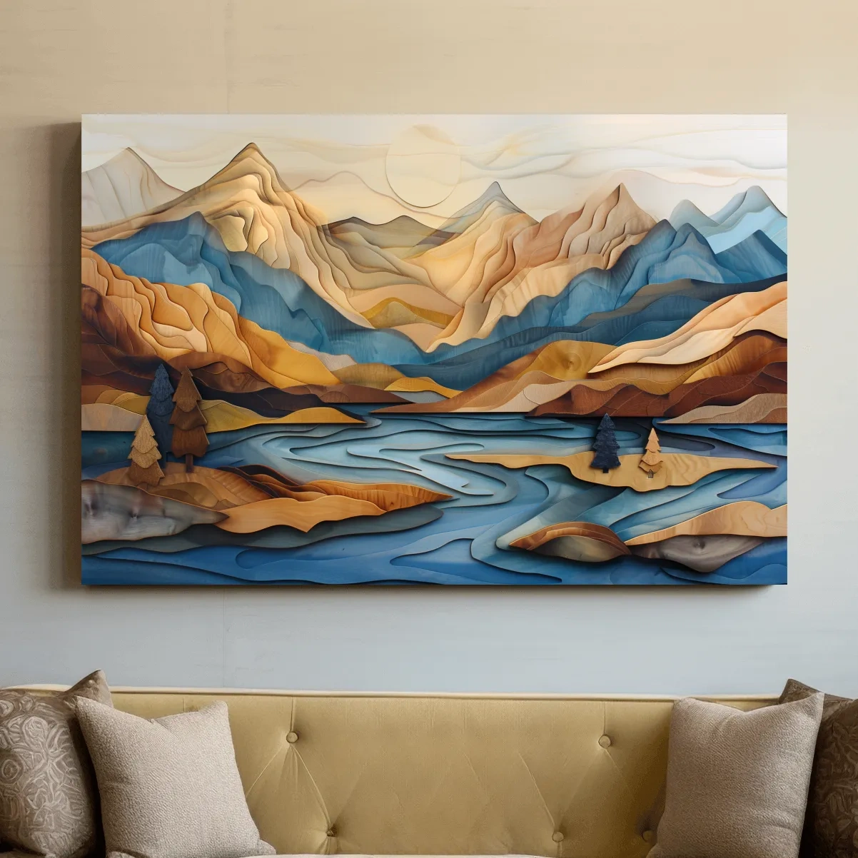 Wood Intarsia Style Alpine Mountain Lake Landscape - Modern Abstract Wall Art