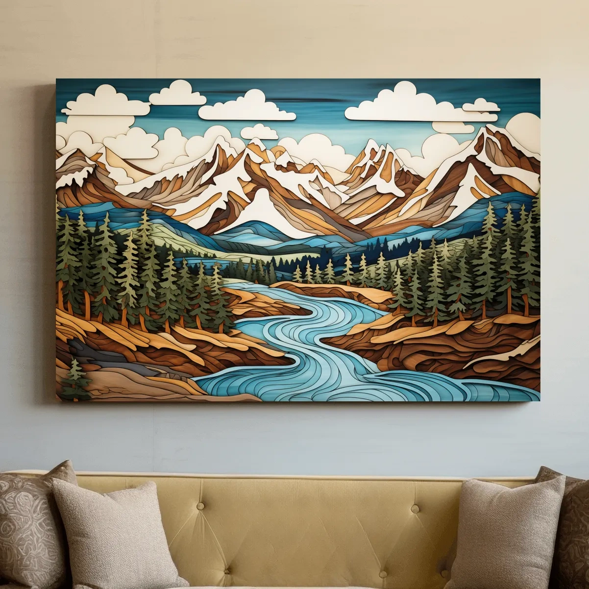 Intarsia Style Mountain River Landscape - Rustic Alpine Forest Artwork