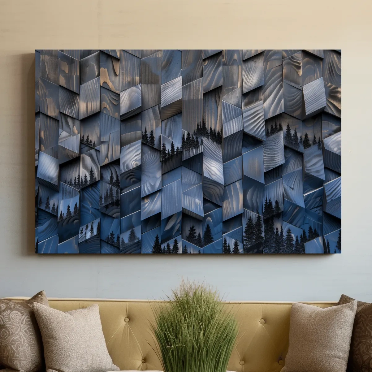 Alpine tree artwork, fragmented geometric wooden cubes pattern, 3d depth effect