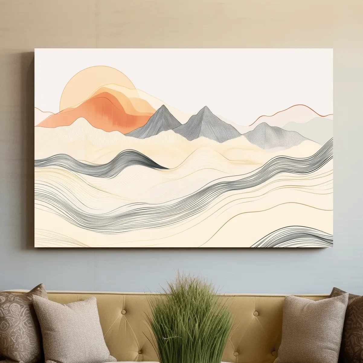 Minimalist Line Art Mountain Sunset - Abstract Landscape Wall Art