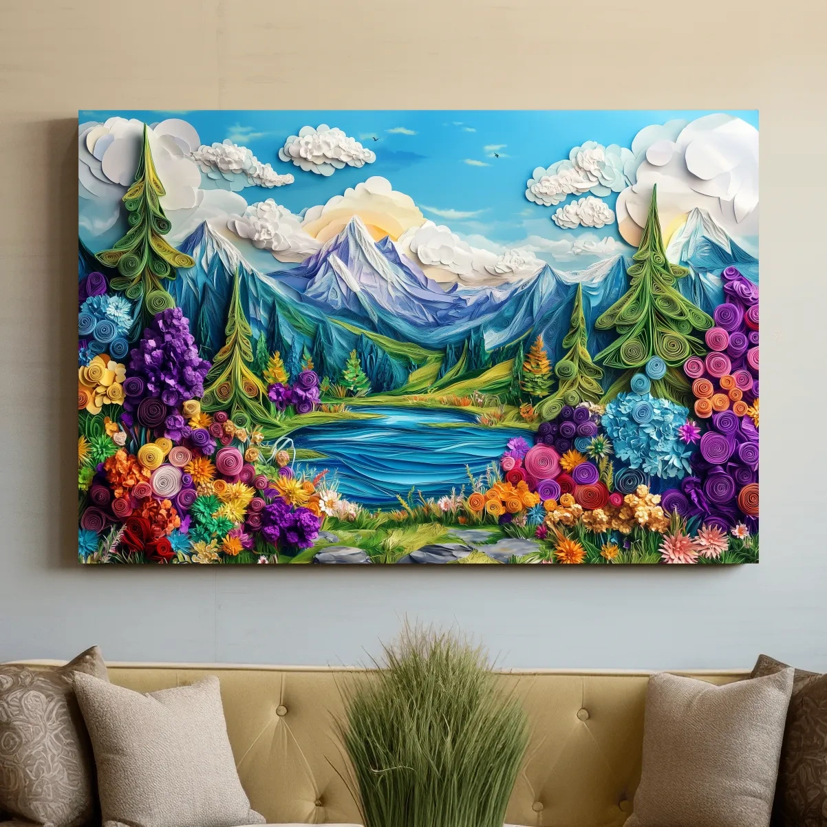 Vibrant alpine meadows artwork, 3D paper quilling effect