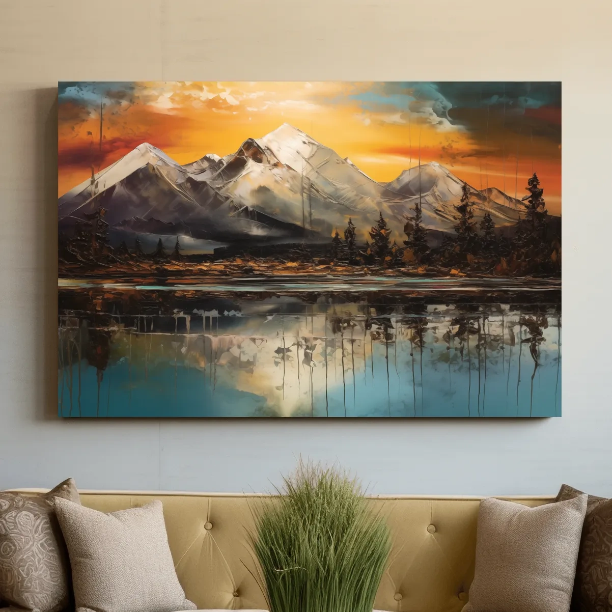 Abstract oil painting of an alpine lake at sunset