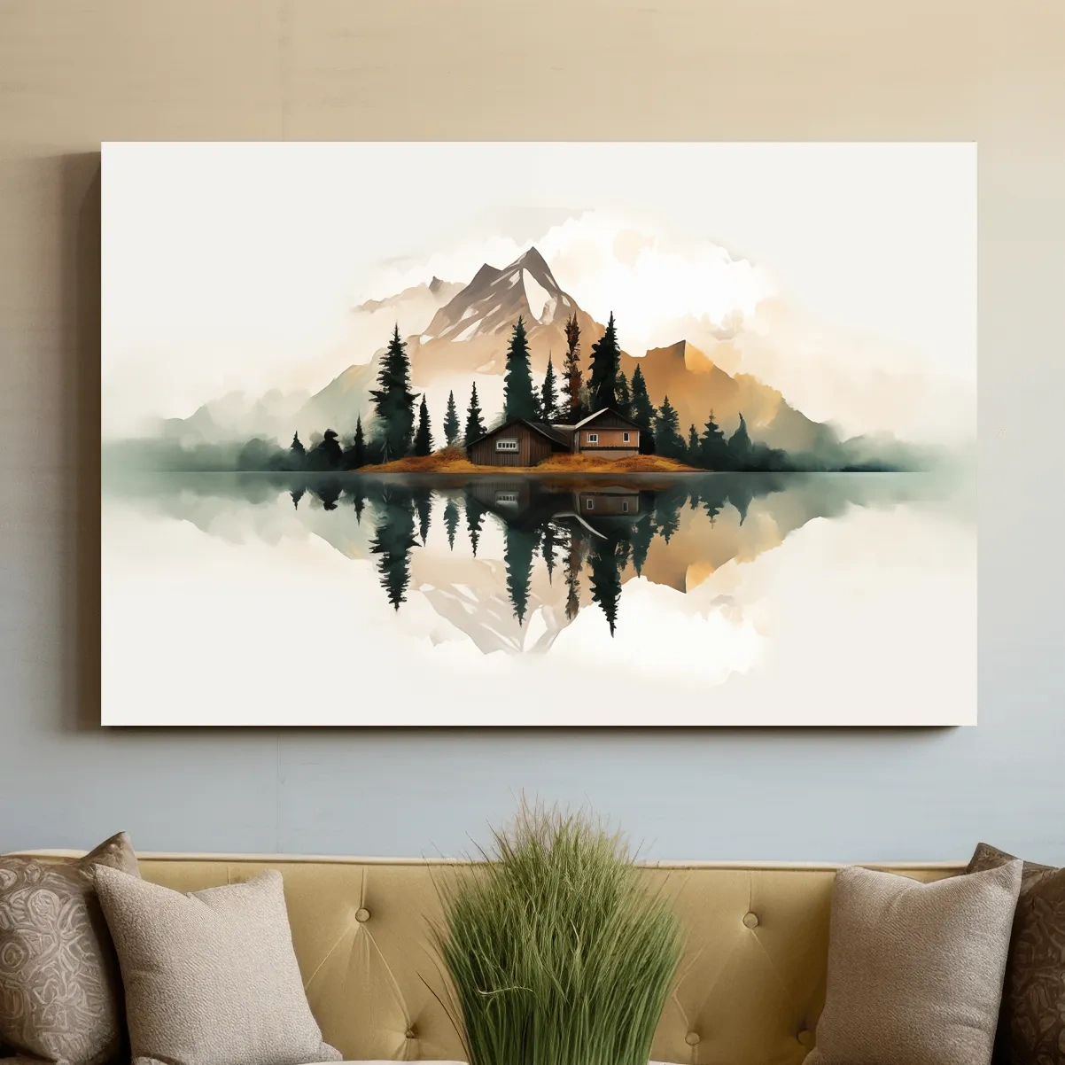 Minimalist art, glacier, lake, cabin, trees