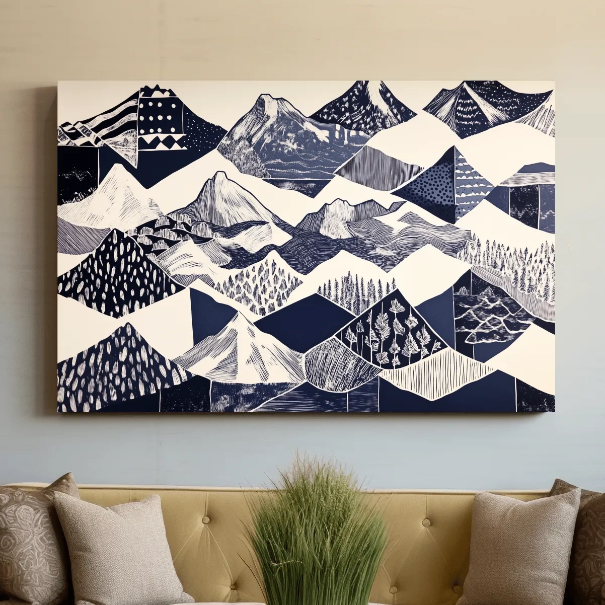 Linocut Patchwork Mountain Range Illustration - Modern Landscape Artwork