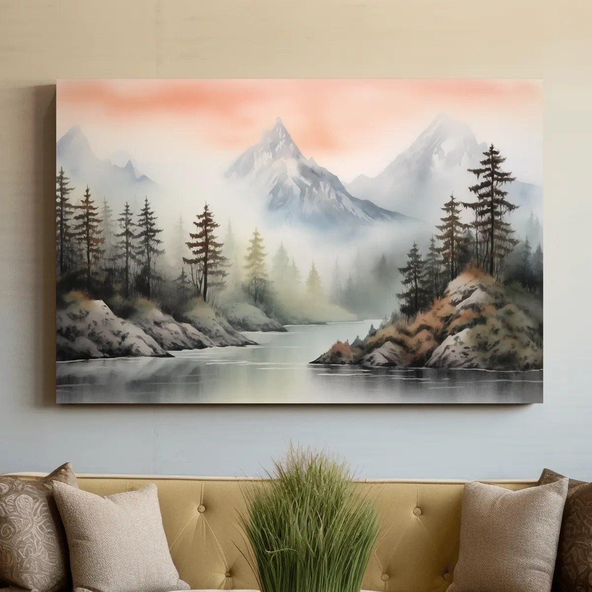 Chinese style ink wash watercolour painting of mountains