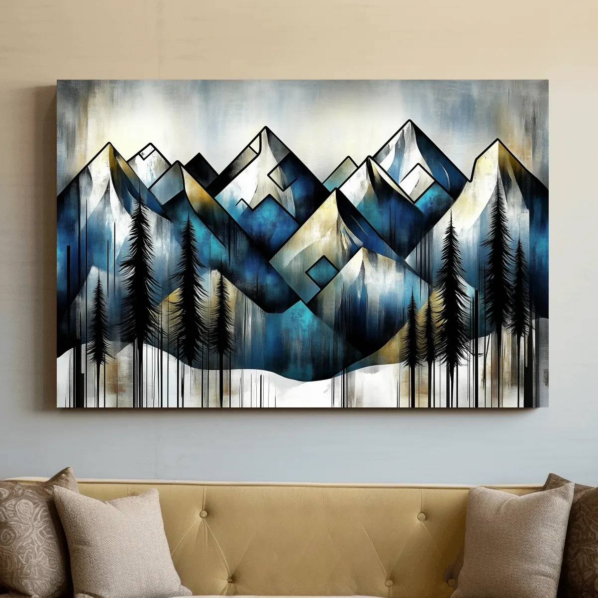 Geometric Mountain Peaks With Pine Trees - Modern Abstract Landscape Artwork