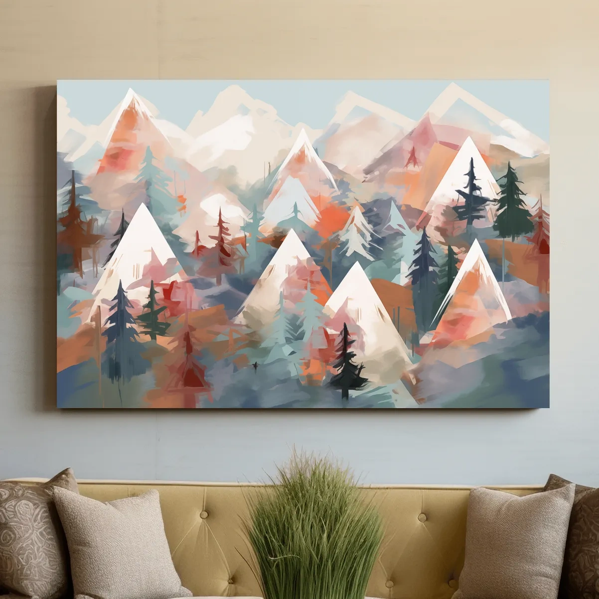 Subtle colours, abstract mountain scene painting