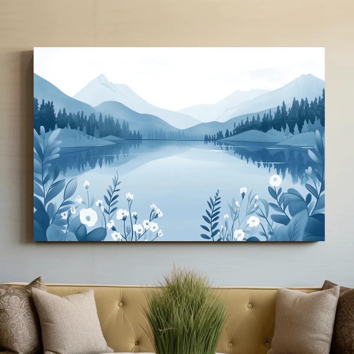 Serene landscape wall art, view over an alpine lake