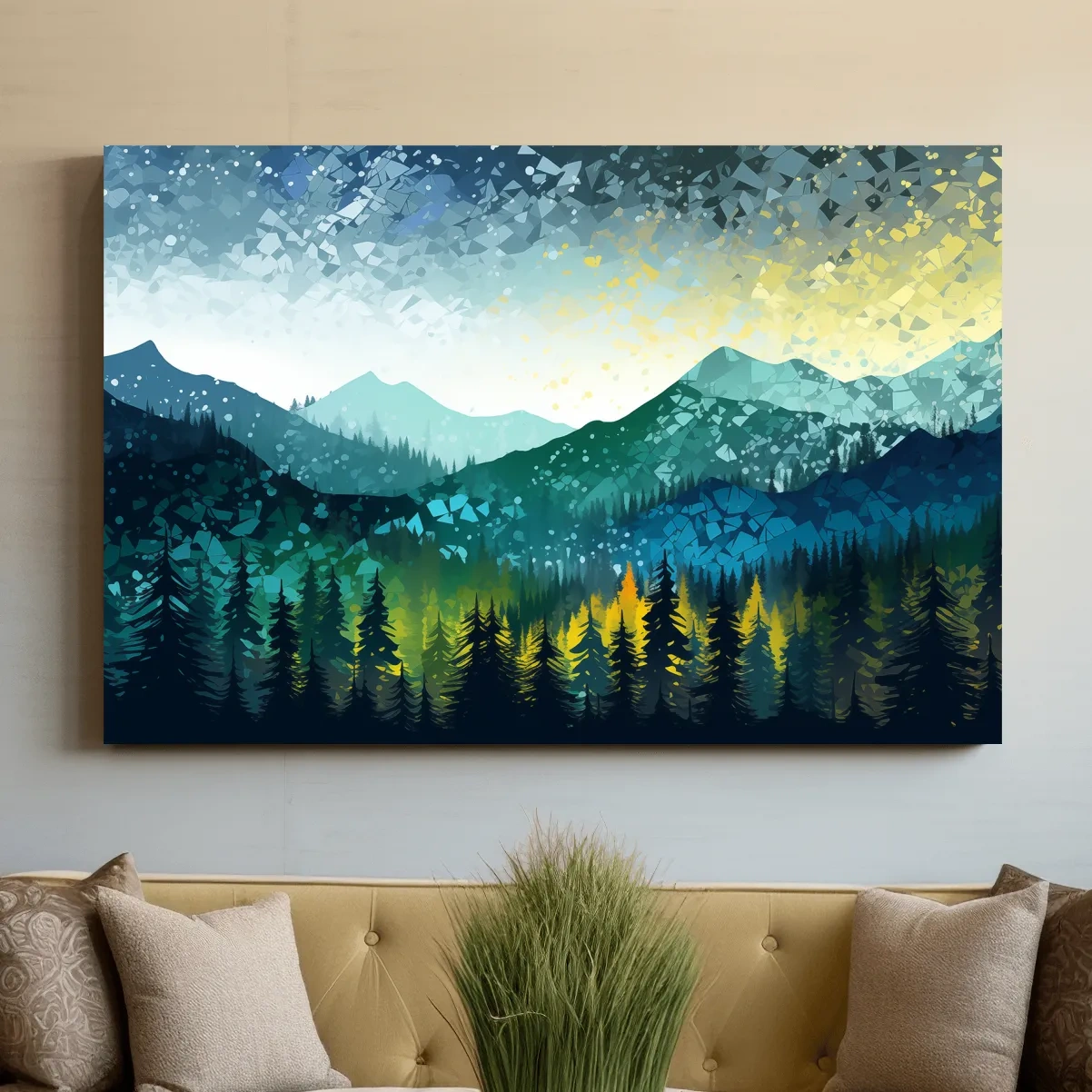 Vibrant forest and mountain art, abstract pointillism
