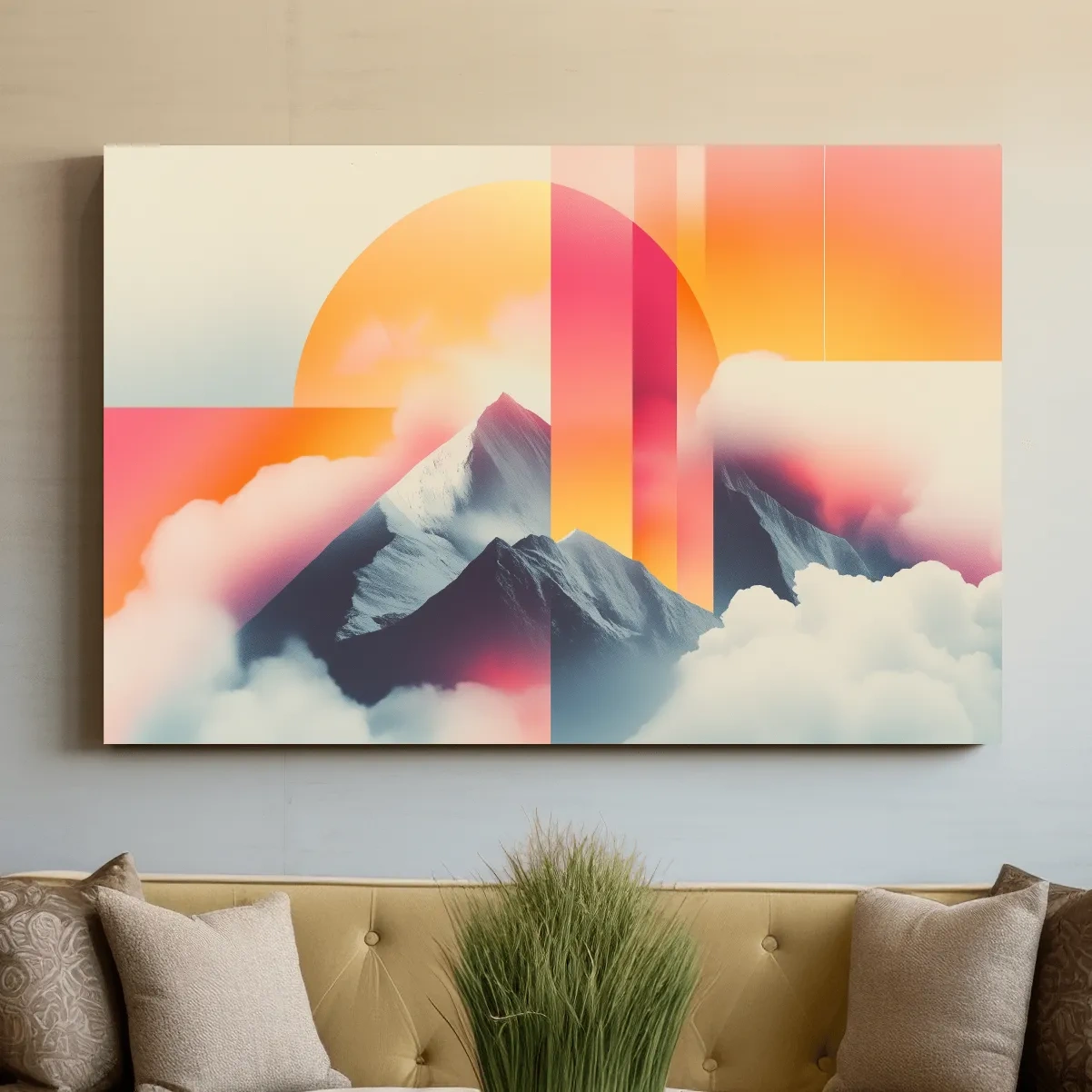 Retro style mountain wall art, sunset in the clouds