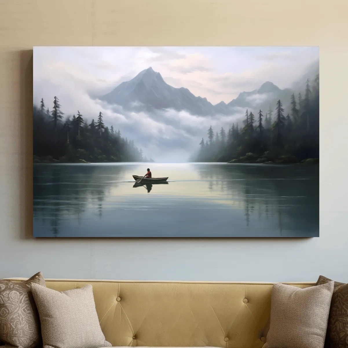 Misty Mountain Alpine Lake Canoe Scene - Serene Landscape Wall Art