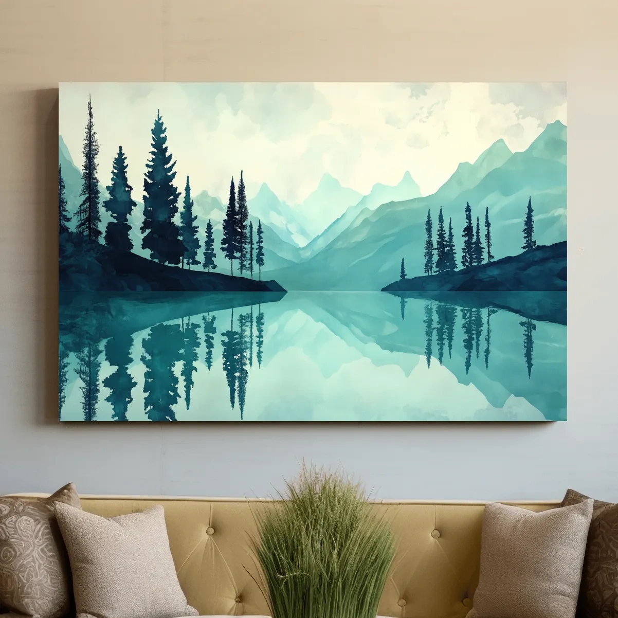 Watercolor painting wall art, view over a treelined alpine lake