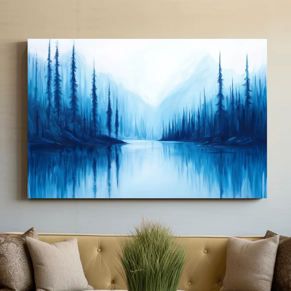 Impressionist style painting of a treelined alpine lake
