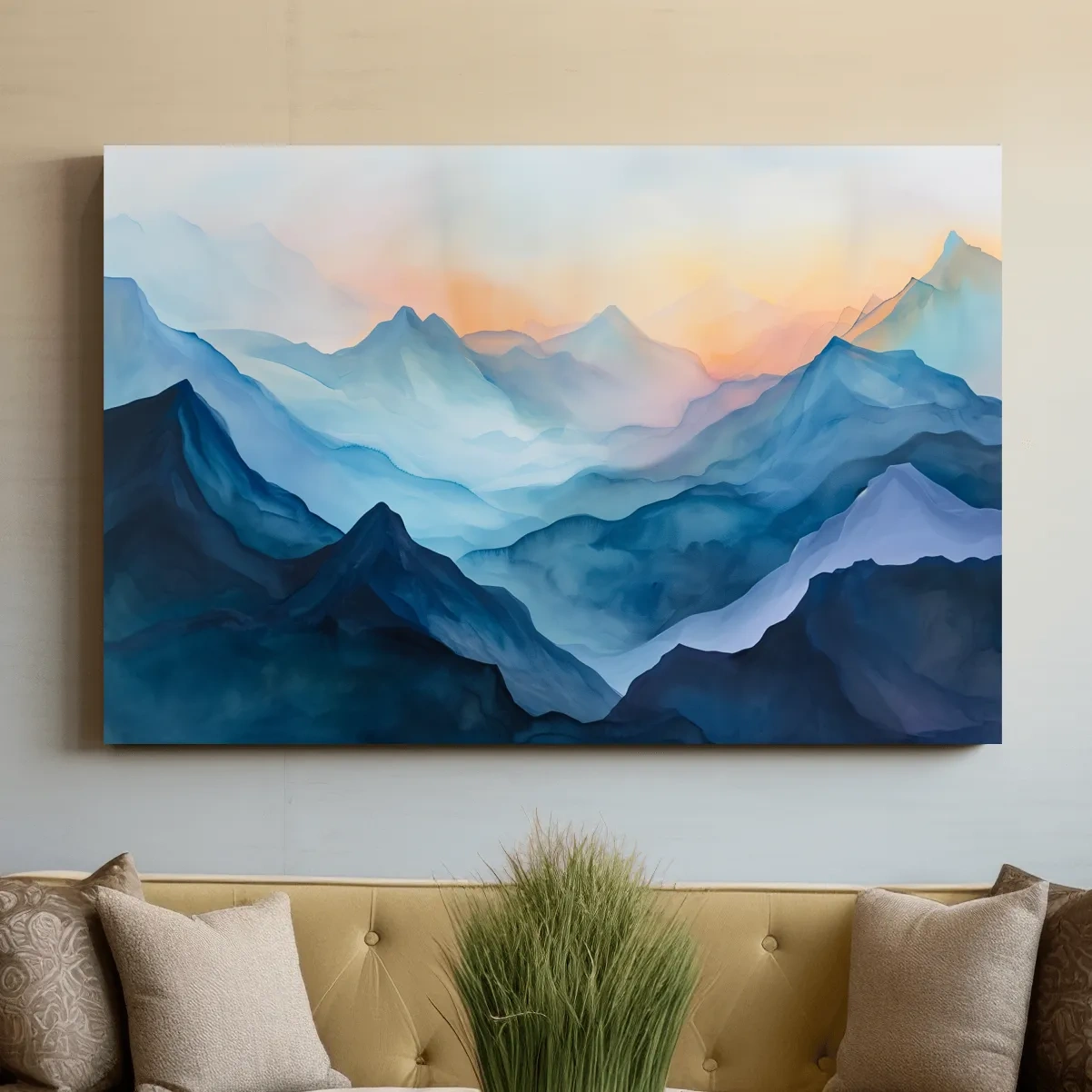 Abstract mountain painting, colourful mountain ranges at sunrise