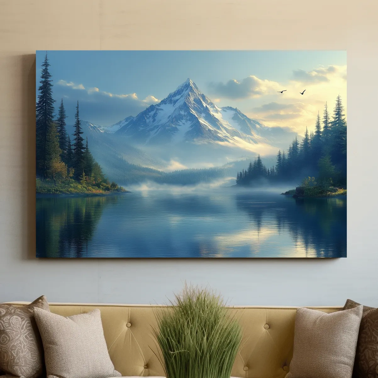 Beautiful misty alpine lake and forest beneath a glacier at sunset, photographic wall art