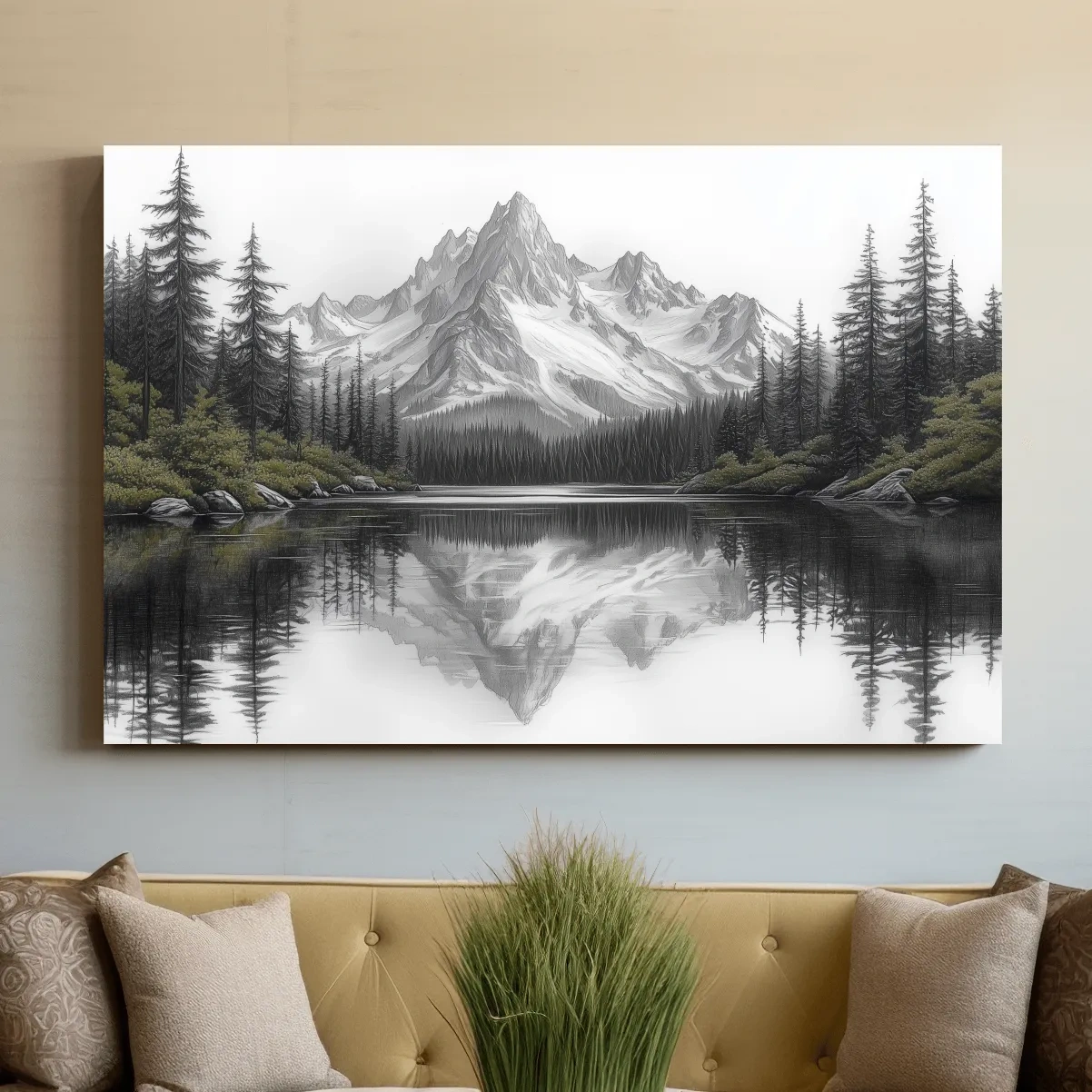 Alpine drawing artwork, lakeside forest under a glacier
