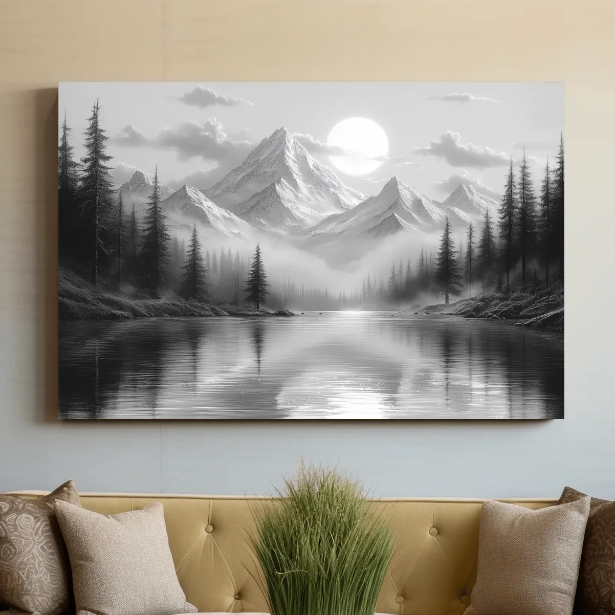 Misty forest and alpine lake beneath a glacier, black and white wall art