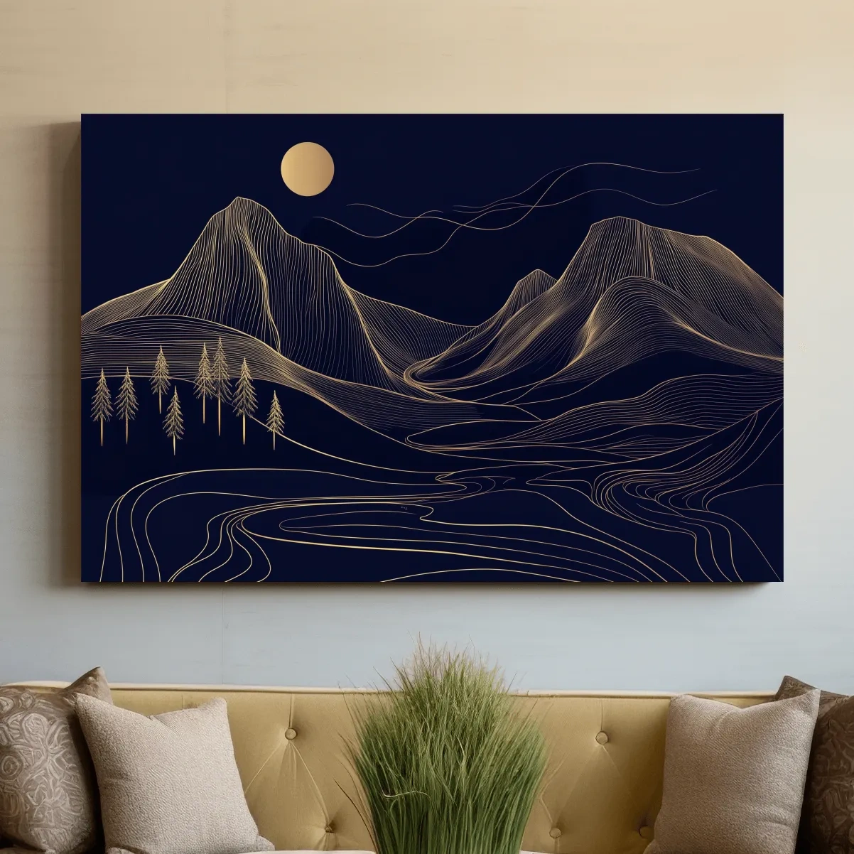 Elegant mountain wall art, gold contour line artwork style