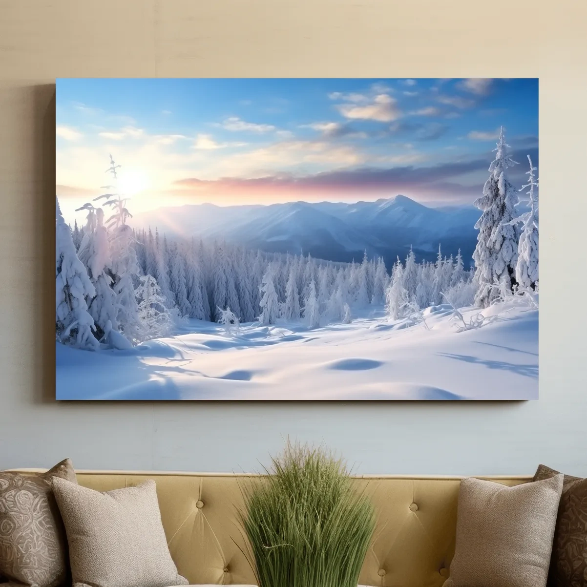 Snow covered alpine forest at sunset, photographic art