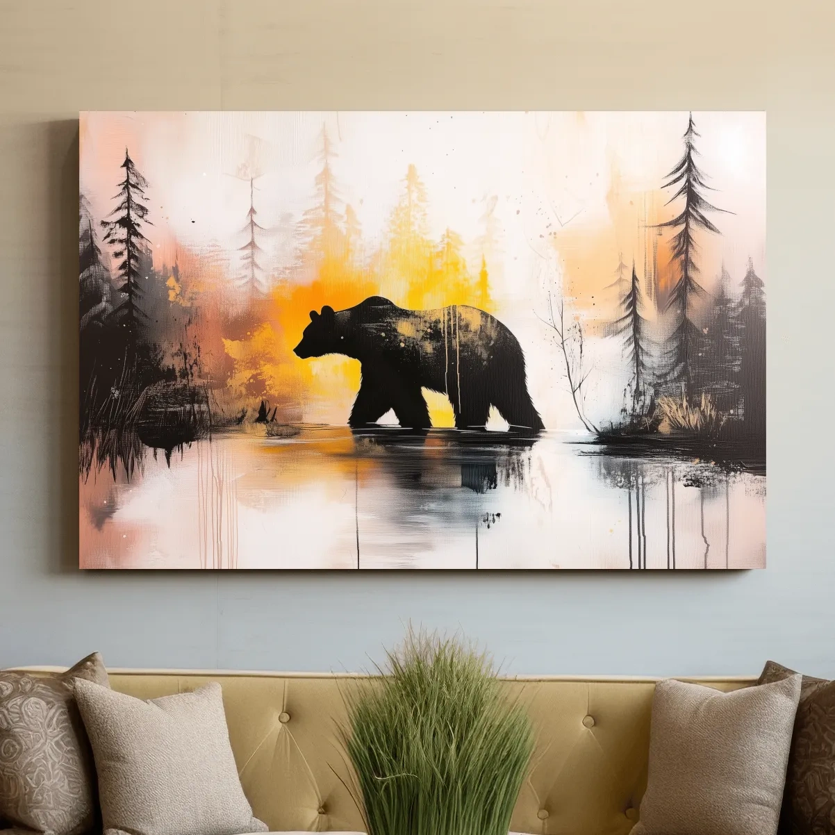 Abstract textured painting, colorful grizzly bear artwork