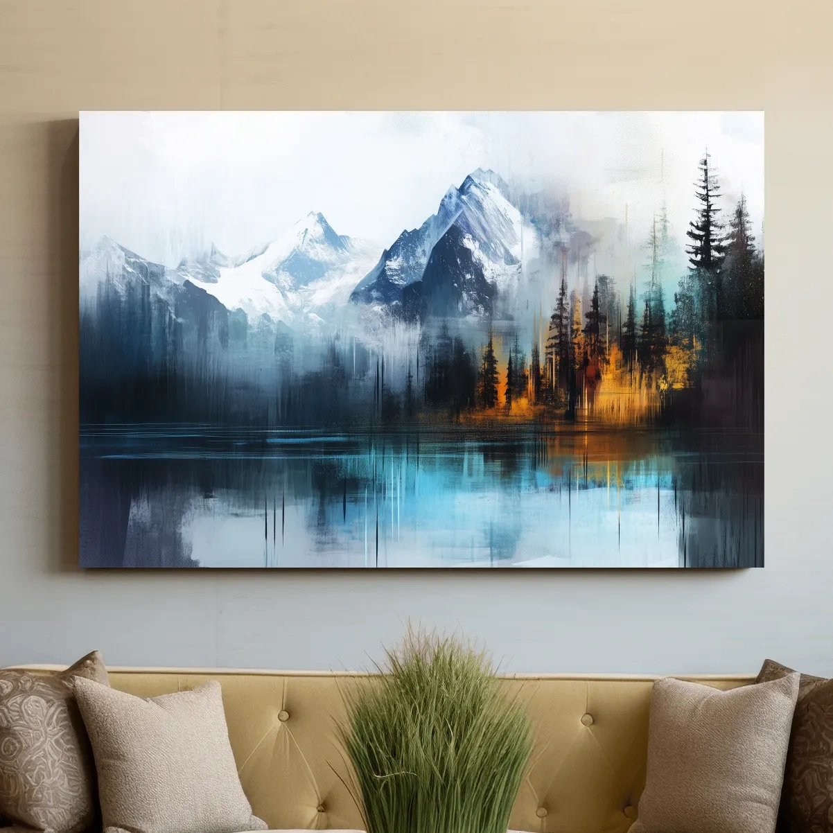 Abstract mountain painting wall art, glacier, lake and forest